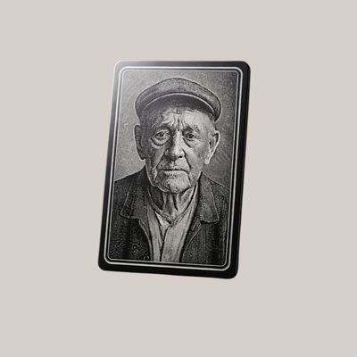 Anodized aluminium wallet card with engraved portrait photo and first name for secure identification
