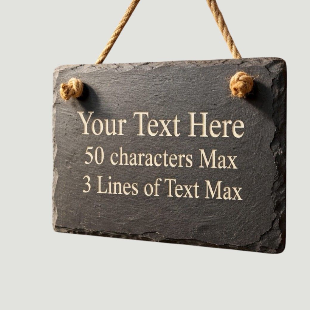 Personalised laser engraved slate hanging sign with custom text, rustic rope hanger, made to order by Pbwcreations