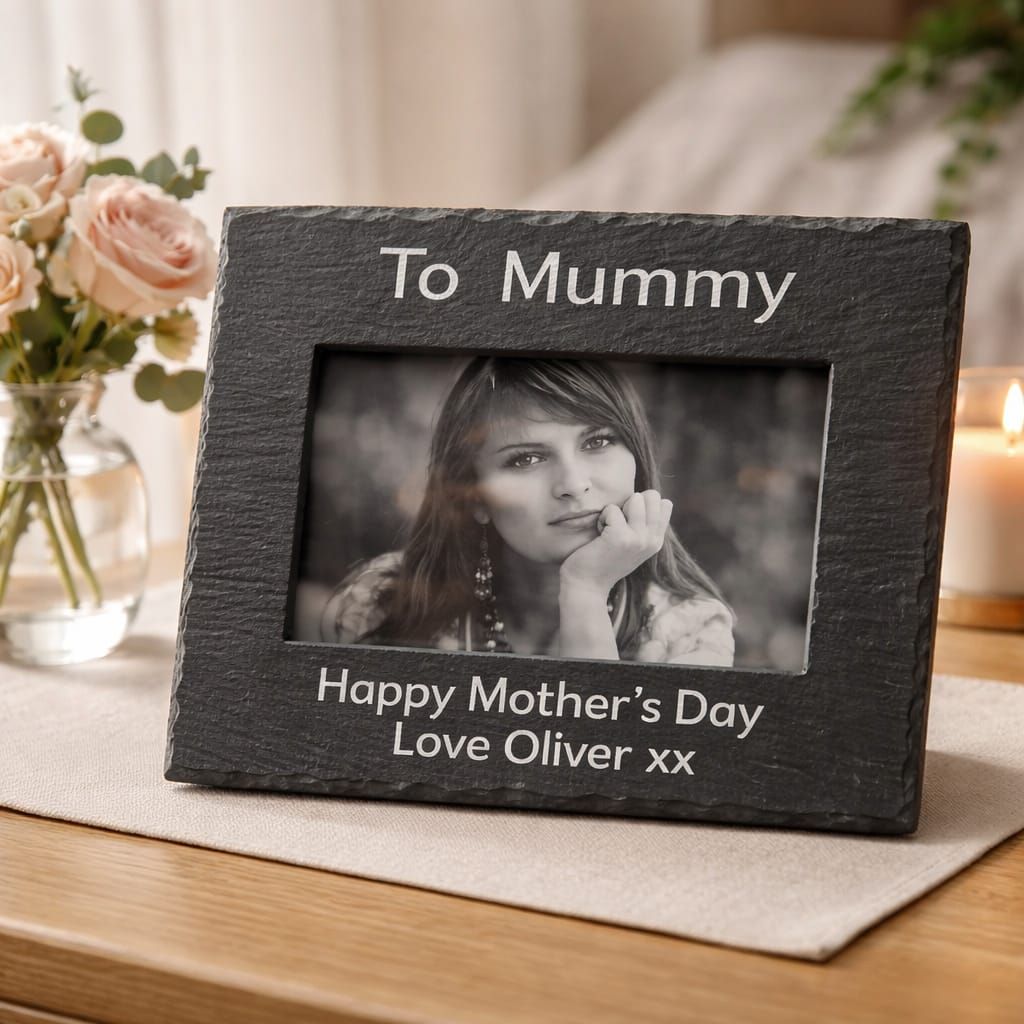 Personalised engraved slate photo frame with custom text and your own photo – perfect Mother's Day gift UK
