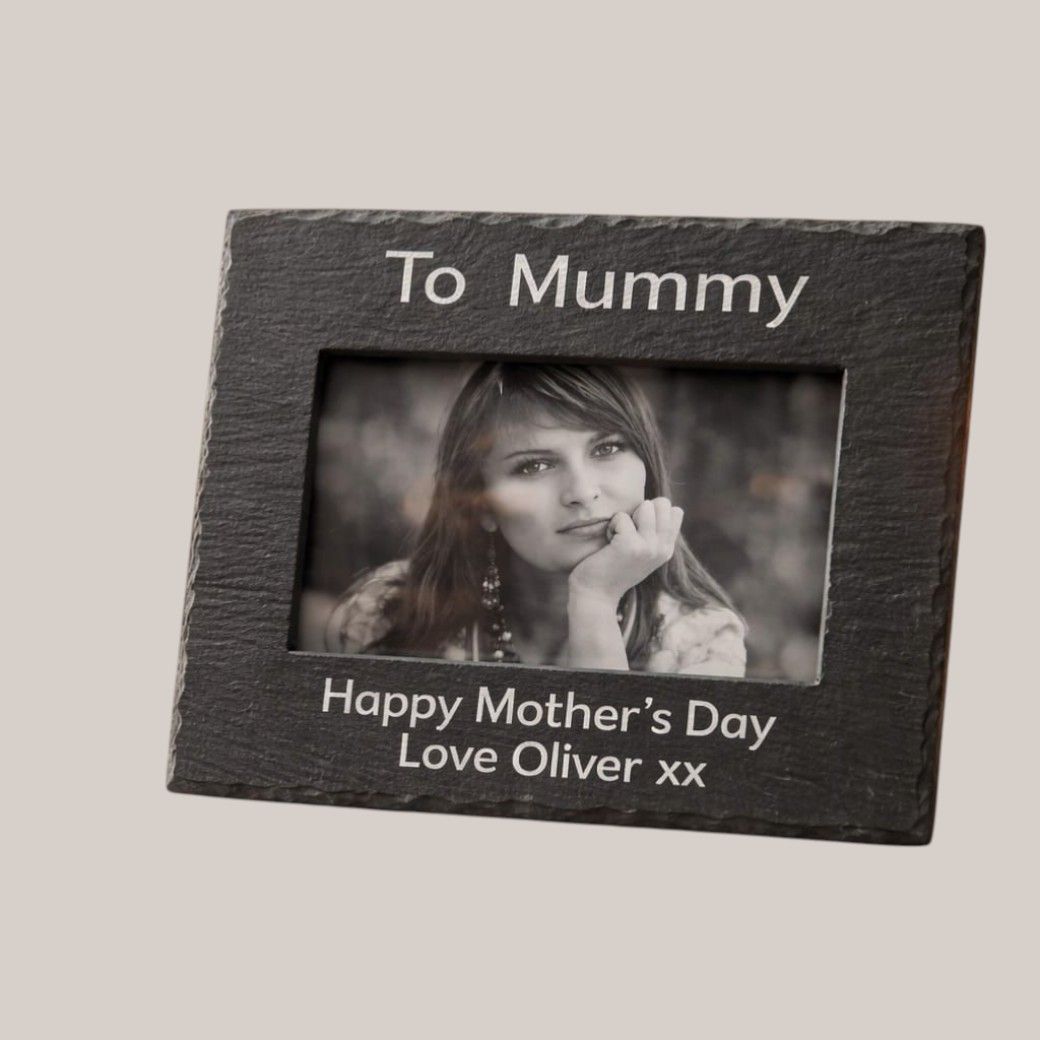 Personalised engraved slate photo frame with custom text and your own photo – perfect Mother's Day gift UK
