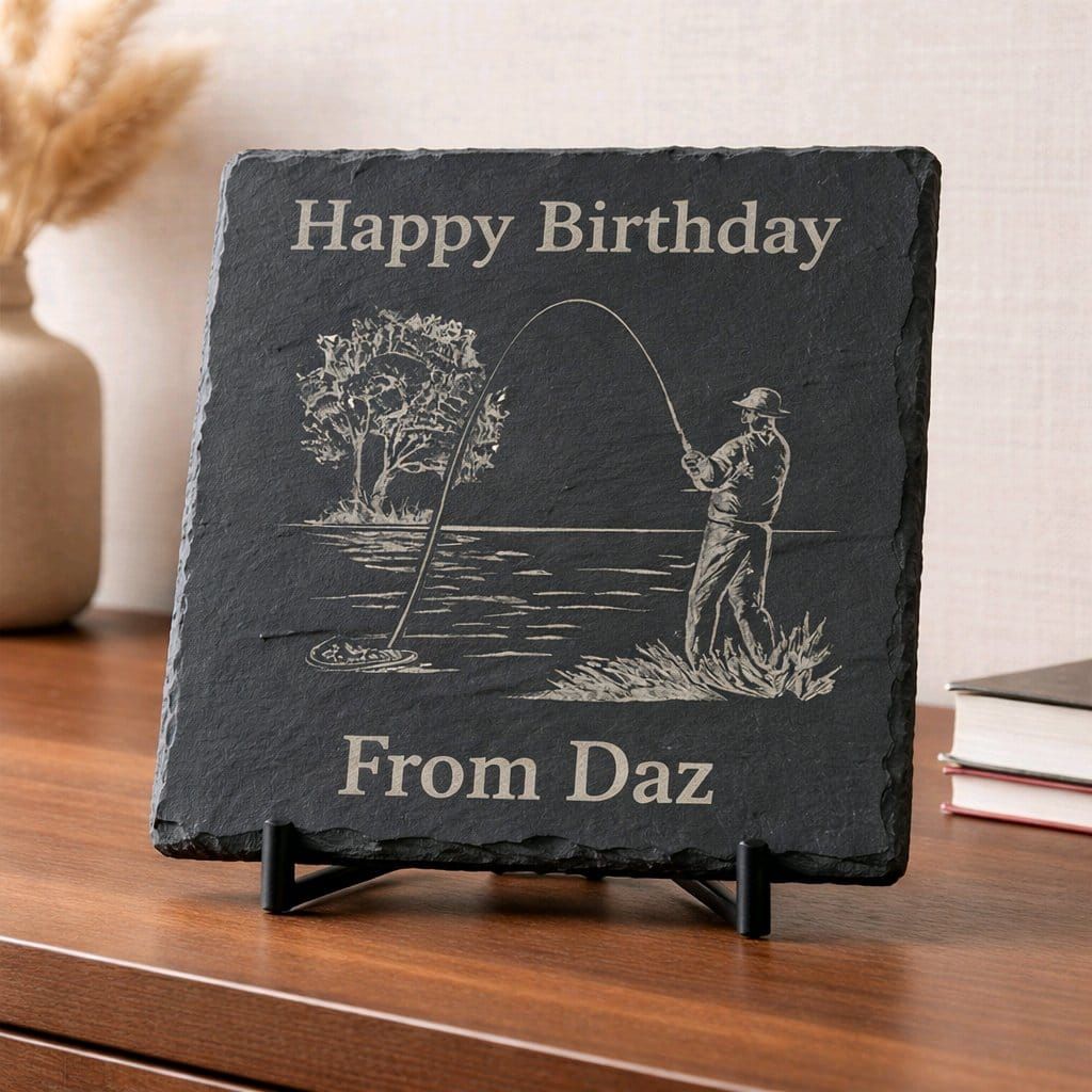 Engraved 10cm slate coaster with personalised text, showing crisp laser engraving on natural slate