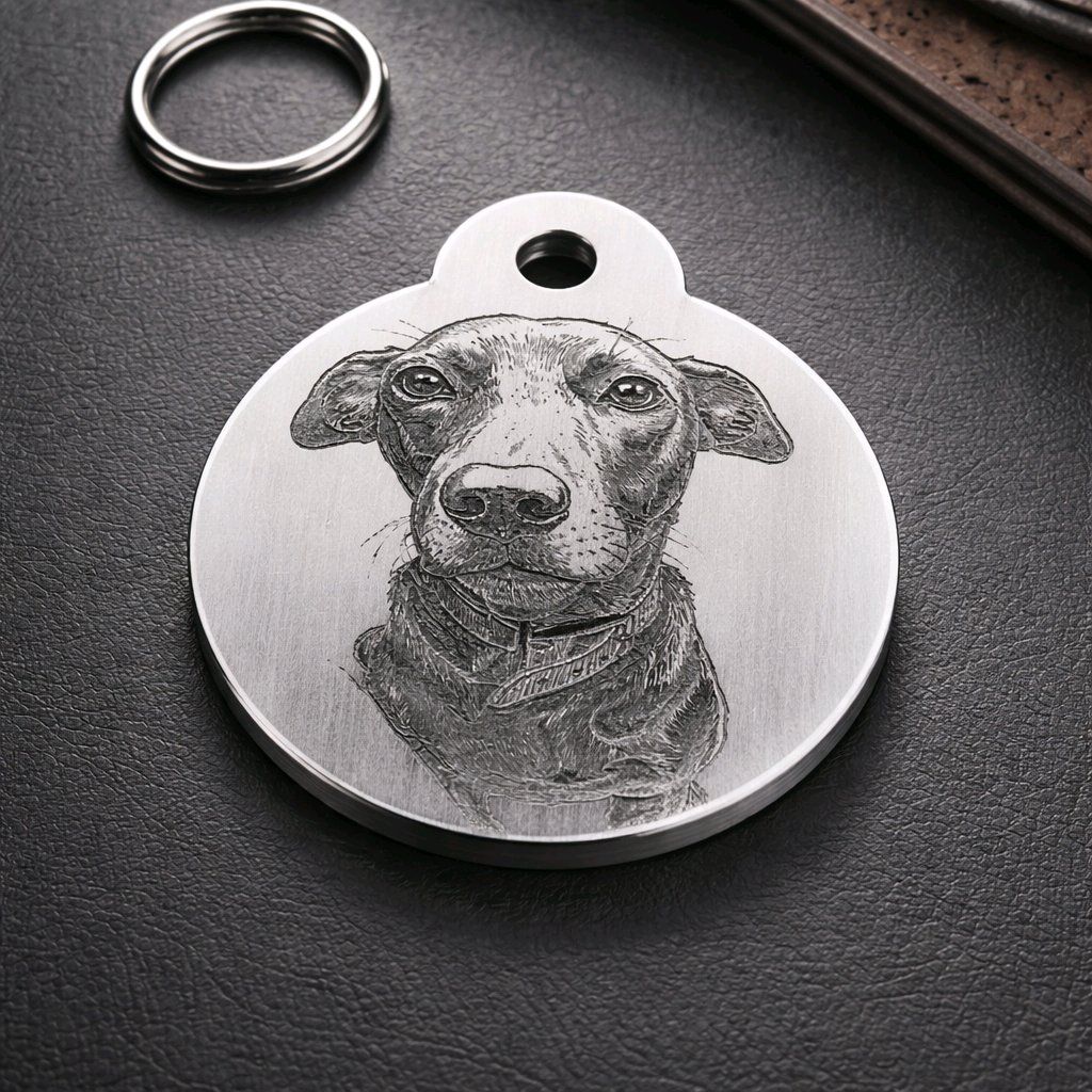 Personalised aluminium dog tag engraved with your dog’s photo and contact details, creating a durable ID tag for everyday pet