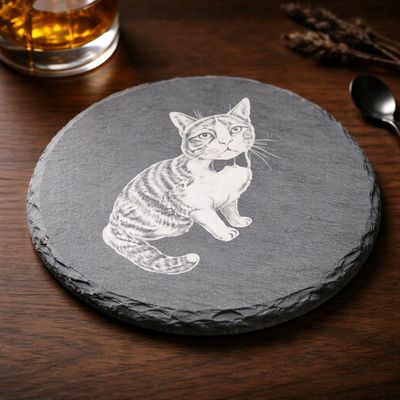 Engraved circular Welsh slate coaster featuring your uploaded photo, from pets and people to artwork or logos