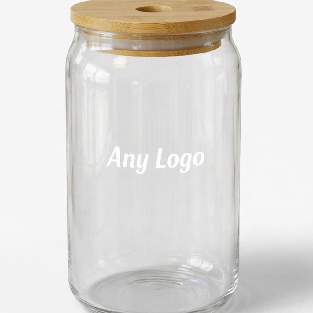 Clear glass tumbler with bamboo lid and reusable straw, printed with “Any Logo” text, minimalist eco‑friendly design