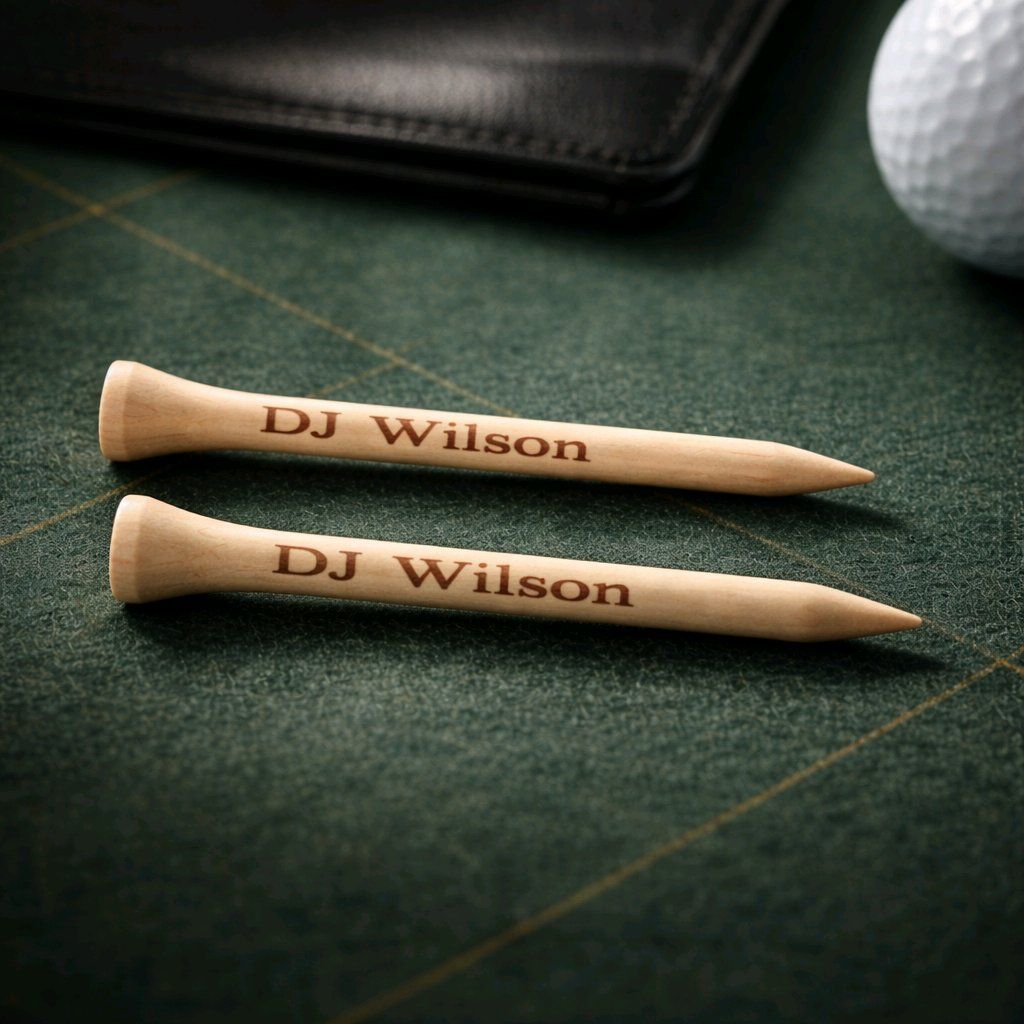 Personalised 70mm wooden golf tees laser engraved with custom name or message, premium hardwood tees for golfers and gift set