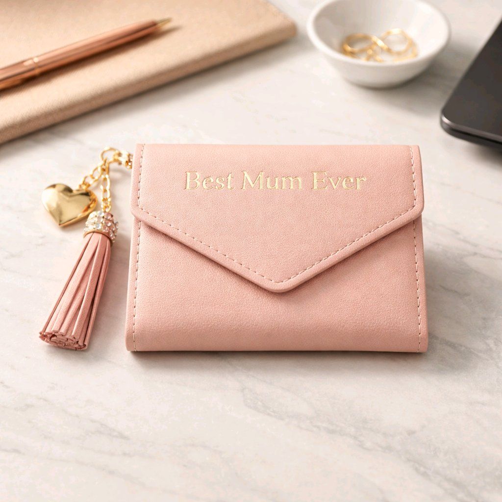 Engraved leather purse with custom name, message or logo and optional heart pendant engraving, available in two colours