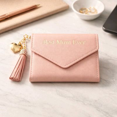 Engraved leather purse with custom name, message or logo and optional heart pendant engraving, available in two colours