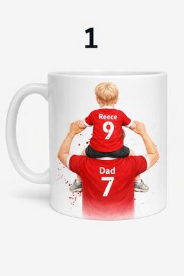 Custom Father’s Day mug featuring a dad and child illustration with names and numbers on their shirts.