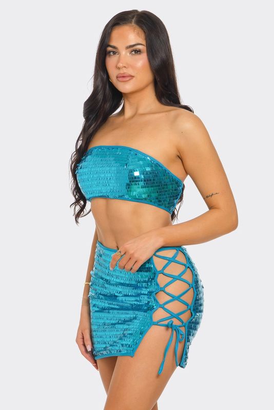 Sequin Crop Top And Skirt Set S1747
