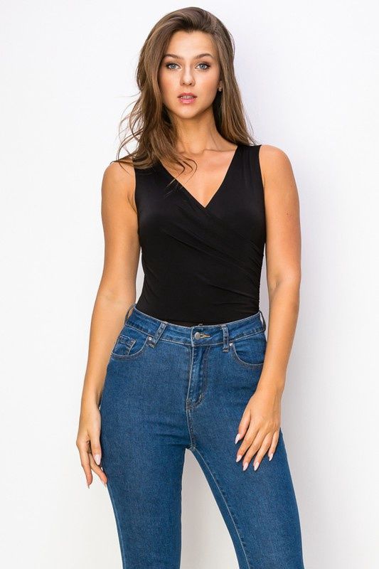 Surplice Front Sleeveless Bodysuit 34515, Color: Black, Sizes: S