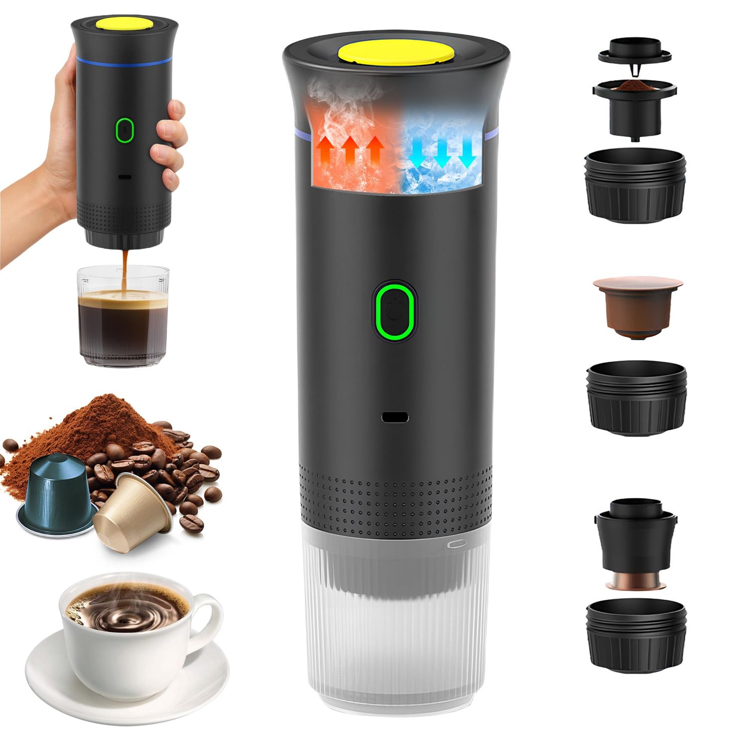 Black 3-in-1 Portable Coffee Machine with yellow top and green button, showcasing compact design an…