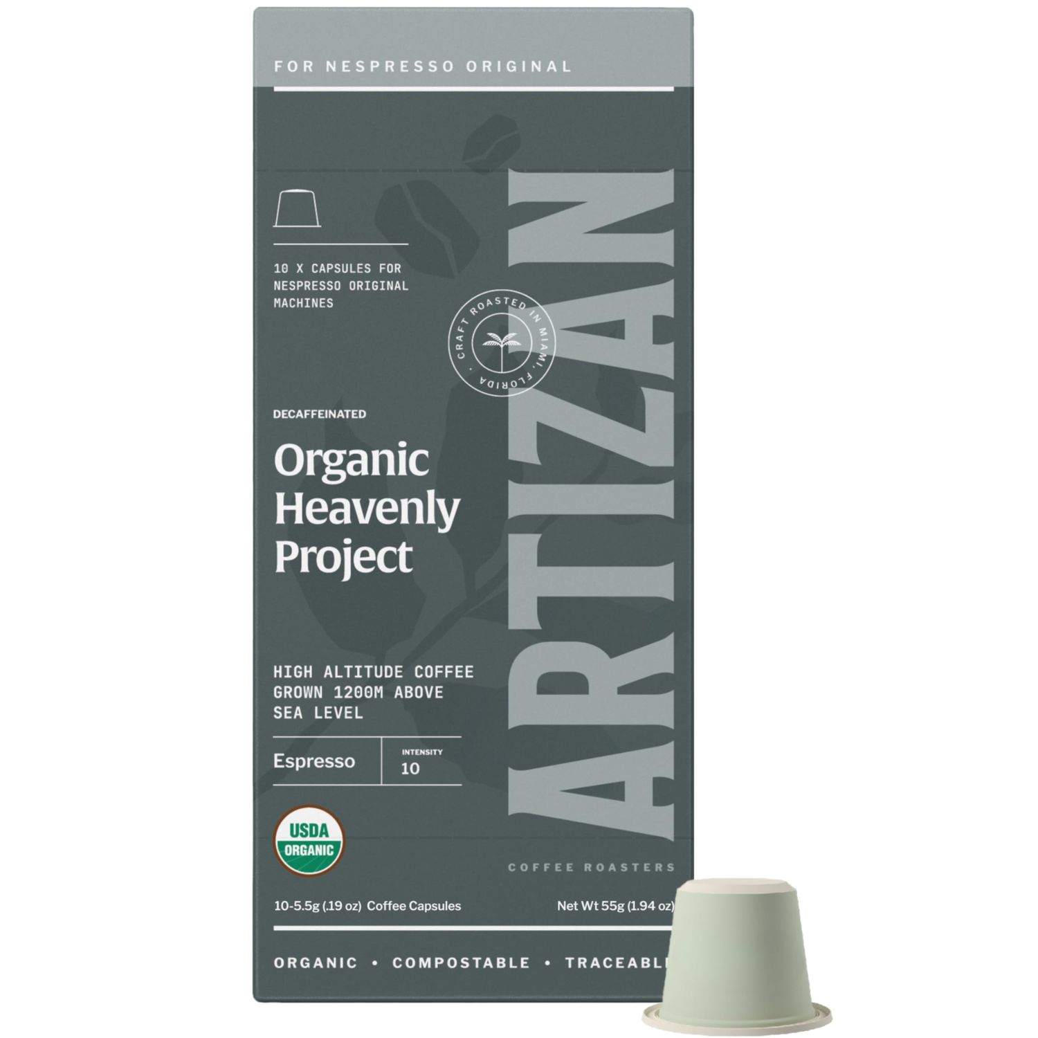 Heavenly Project Decaf Espresso Capsules for Nespresso Original | Organic, Non-GMO, Fair Trade | 10 Compostable Pods