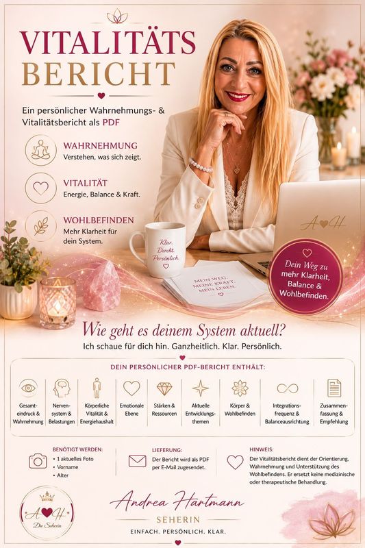 Dein persönlicher Wahrnehmungs- & Vitalitätsbericht und ausgleichende Frequenz Dein persönlicher Wahrnehmungs- & Vitalitätsbericht und ausgleichende Frequenz