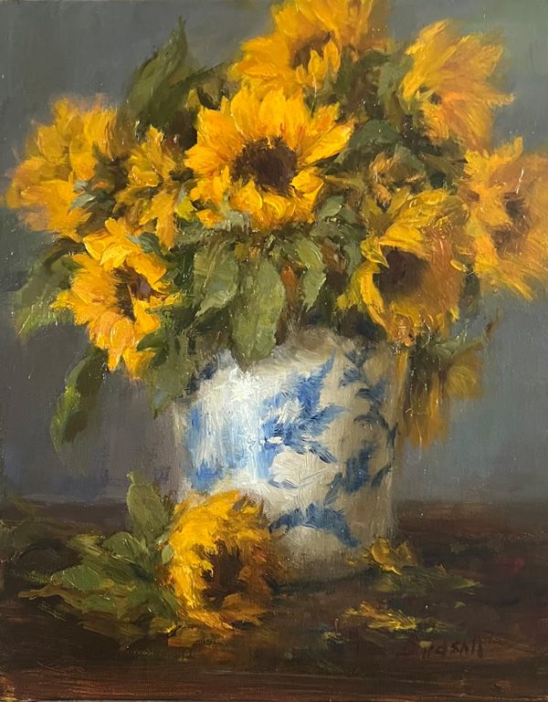“Sunflowers in Blue and White Vase”