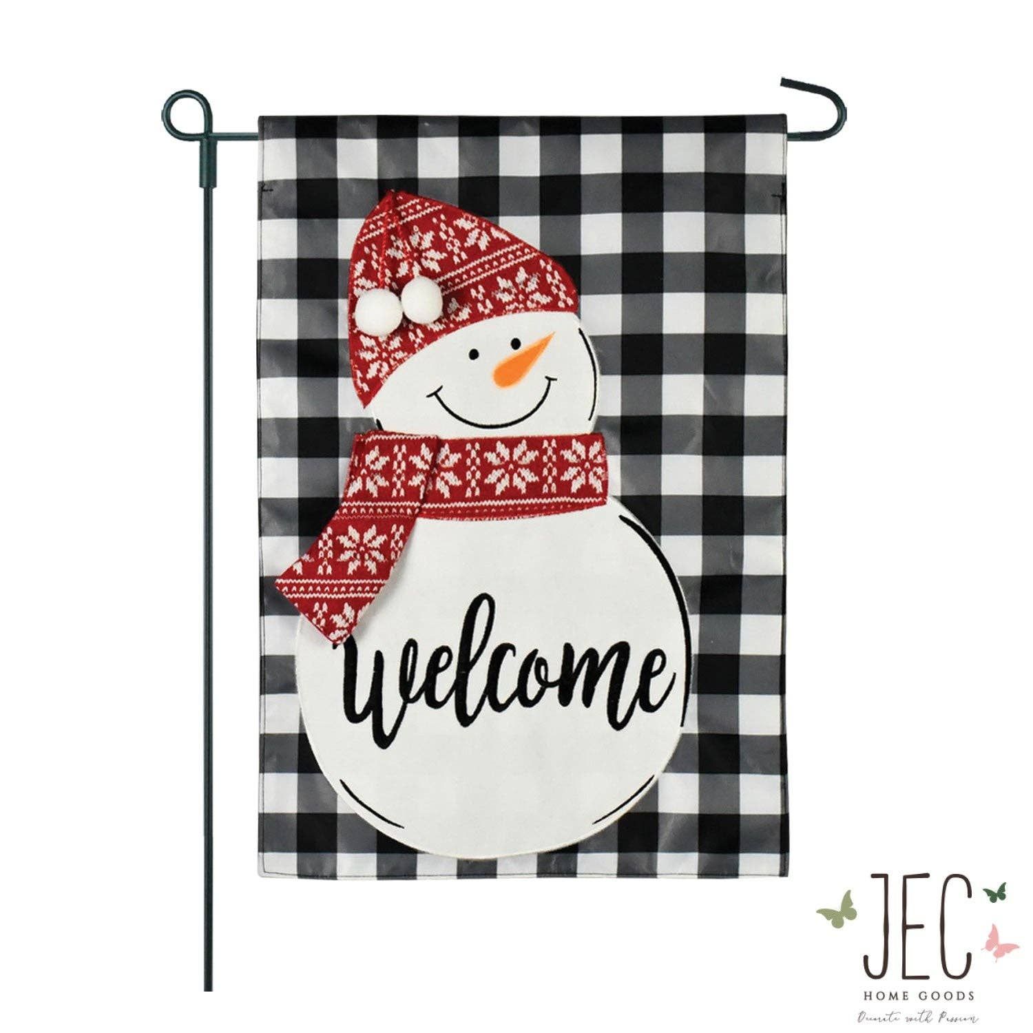 Christmas Winter Buffalo Check Snowman 2-Sided Garden Flag 12.5x18", Sentiment: Welcome