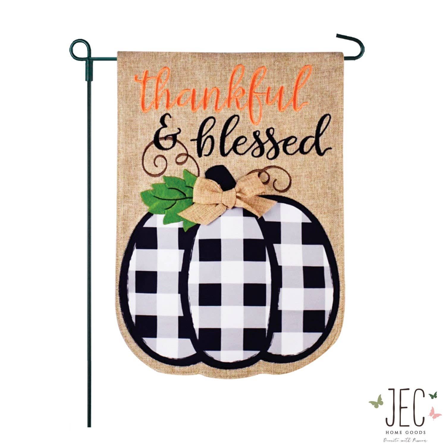 Black and White Buffalo Plaid Pumpkin Burlap 2-Sided Garden, Sentiment: Thankful &amp; Blessed