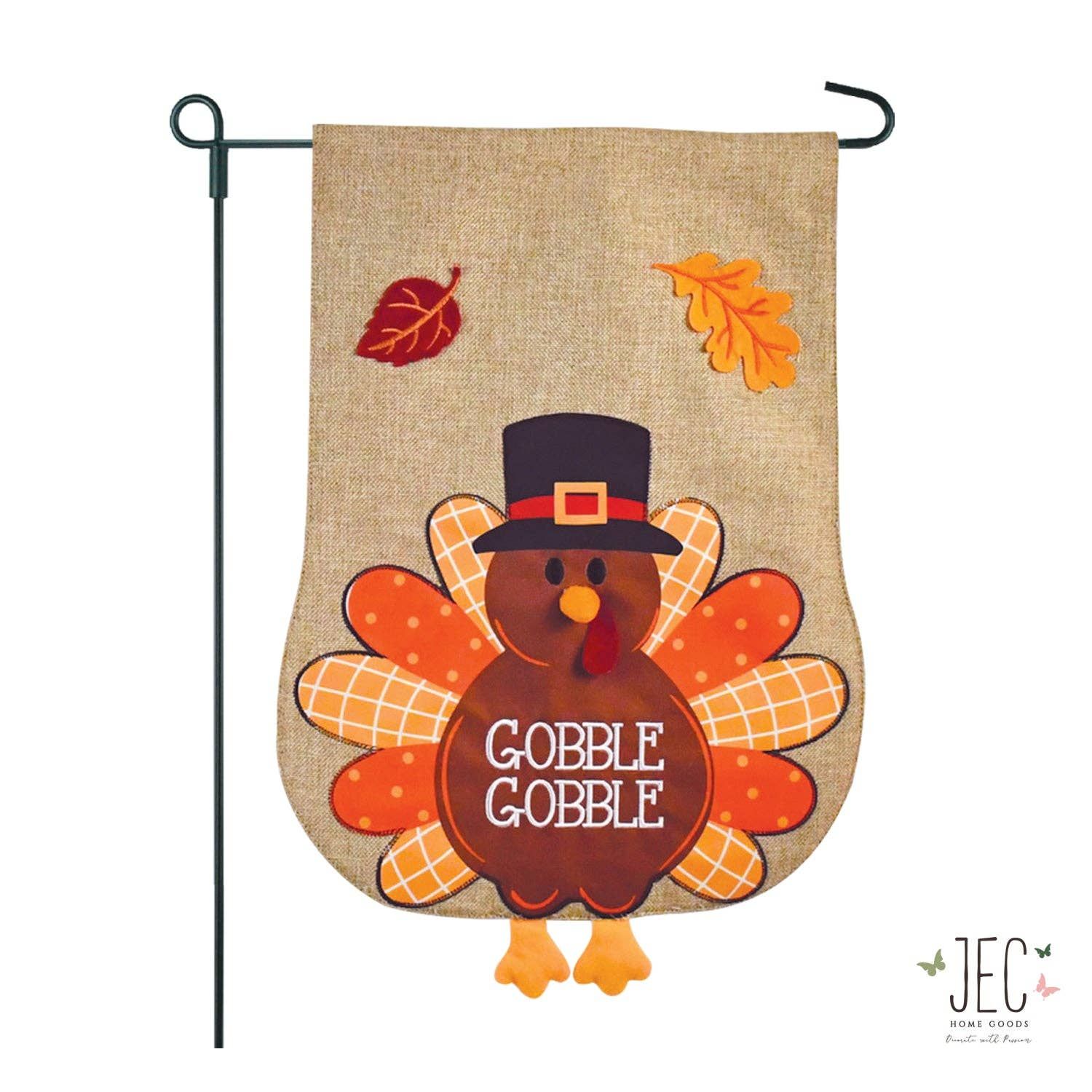 Thanksgiving Fall Turkey Burlap 2-Sided Garden Flag 12.5x18", Sentiment: Gobble Gobble