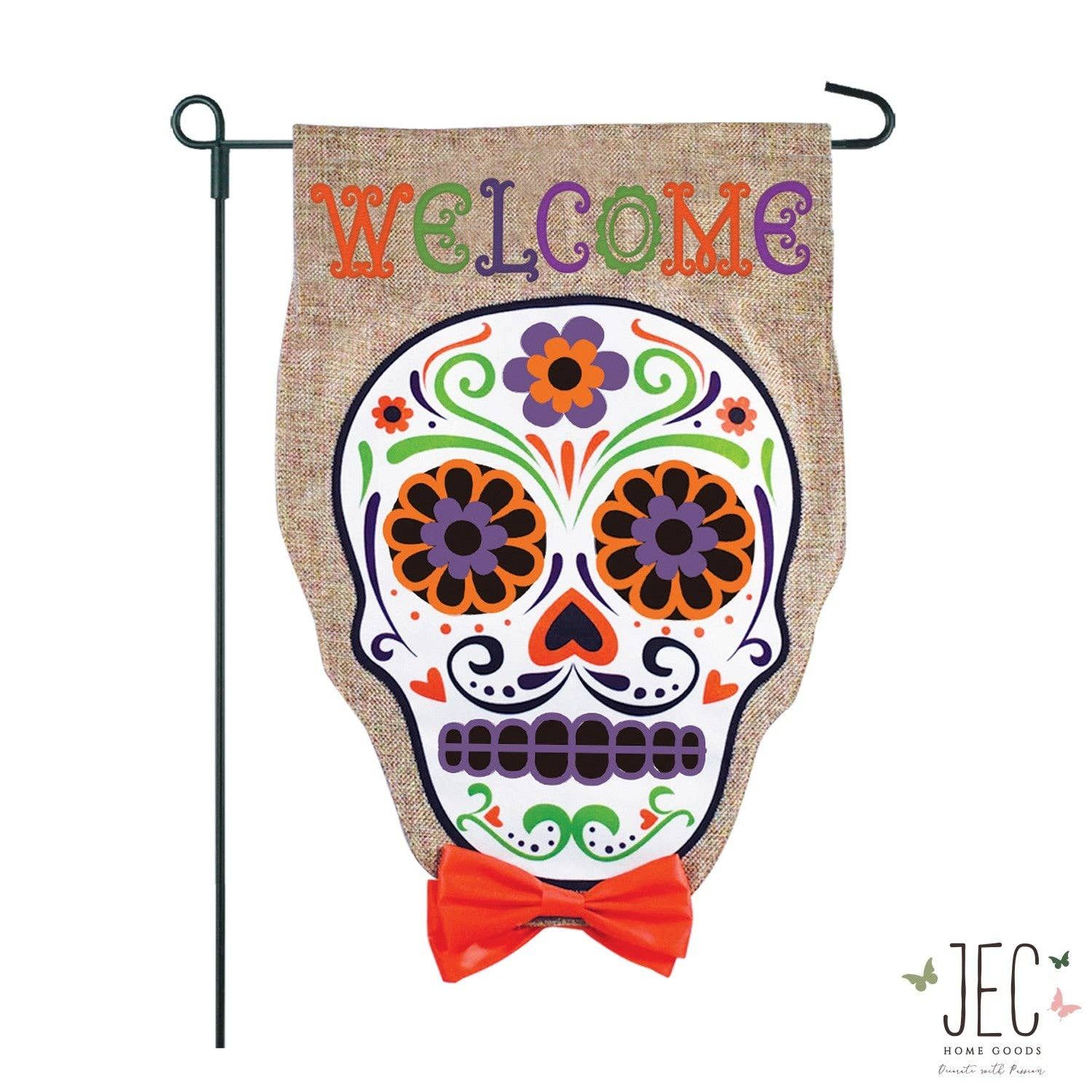 Halloween Sugar Skull Burlap 2-Sided Garden Flag 12.5x18", Sentiment: Welcome
