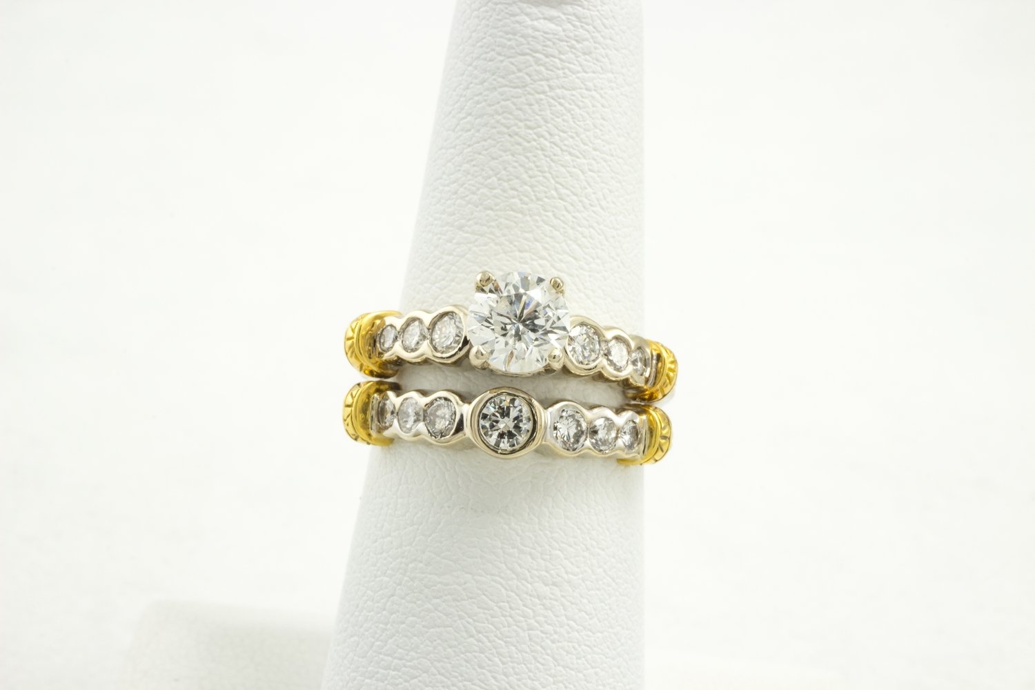 14 Karat White And Yellow Gold Engagement ring With Diamond Band.