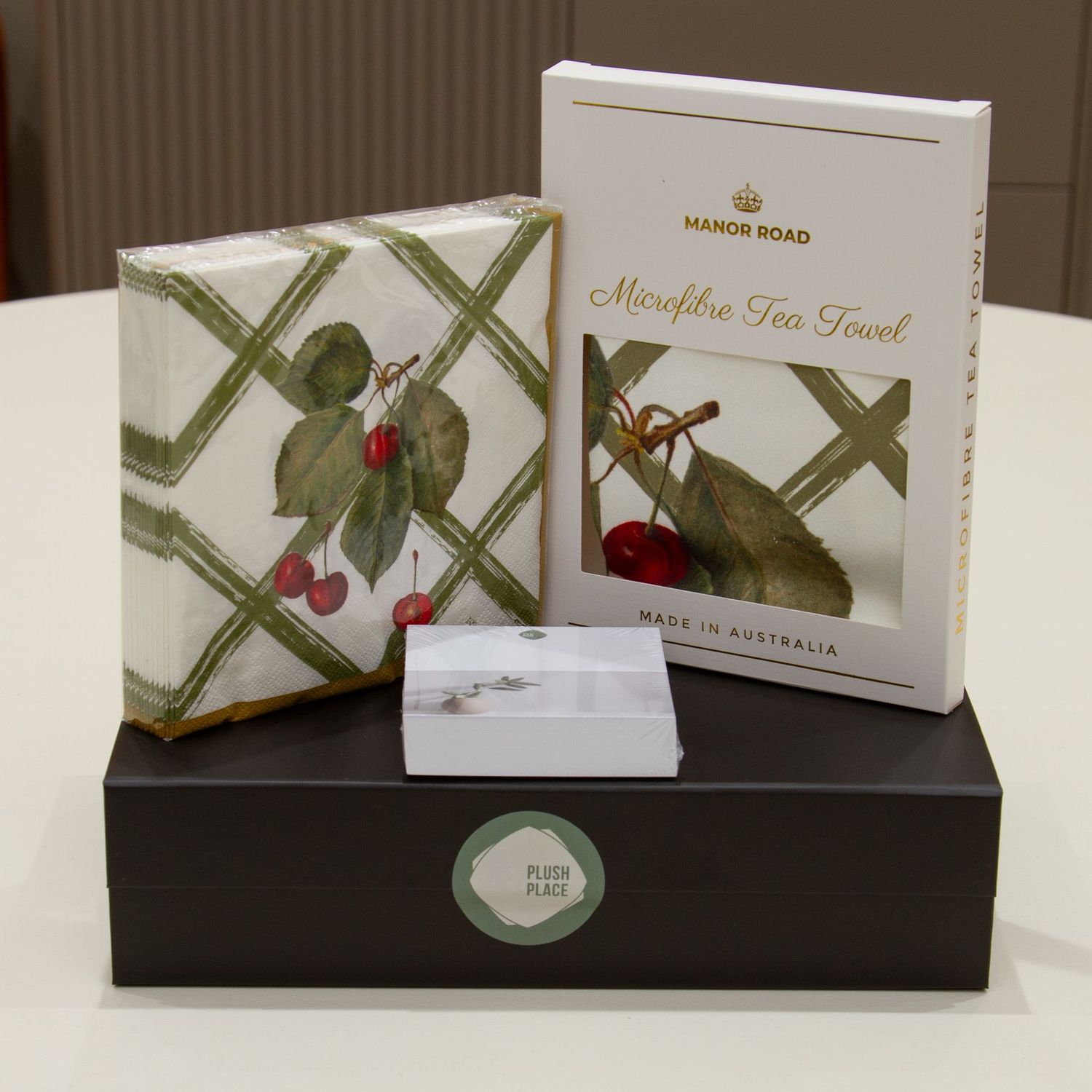 Plush Place Premium Gift Box c/w Manor Road Tea Towel - Cherry Canvas