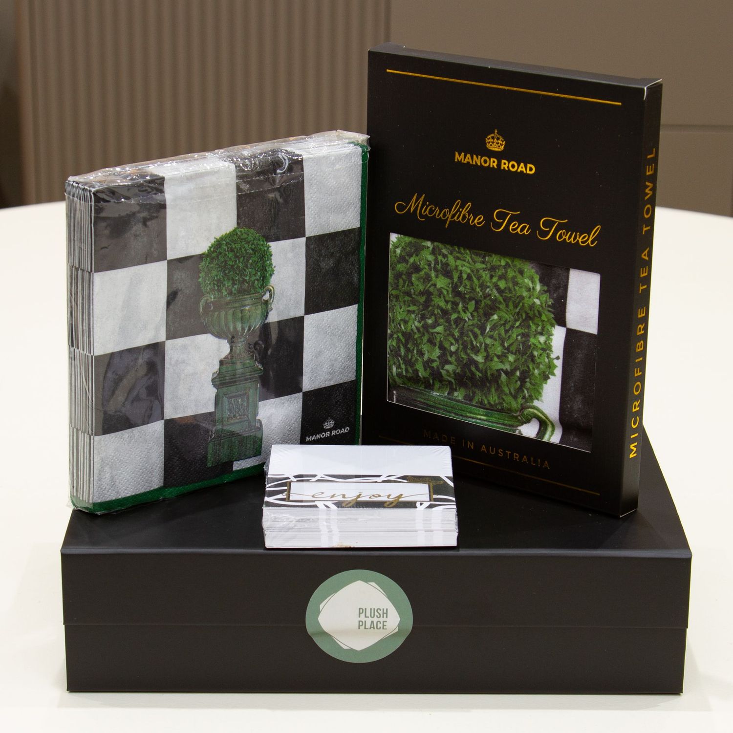 Plush Place Premium Gift Box c/w Manor Road Tea Towel - Courtyard Green