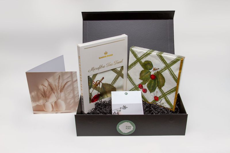 Plush Place Premium Gift Box c/w Manor Road Tea Towel - Cherry Canvas