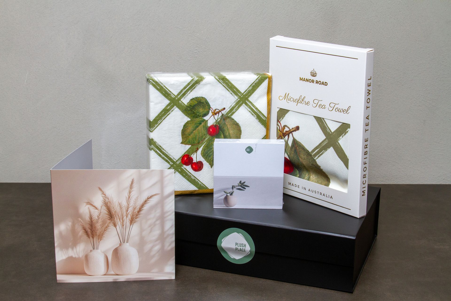 Plush Place Premium Gift Box c/w Manor Road Tea Towel - Cherry Canvas