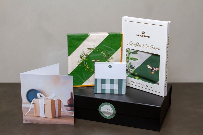 Plush Place Premium Gift Box c/w Manor Road Tea Towel - Olive & Bee