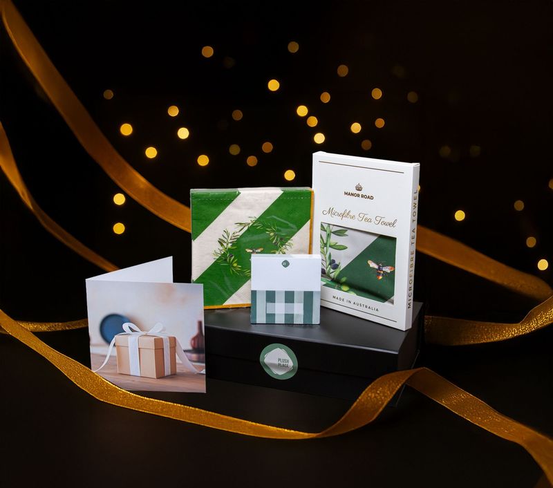 Plush Place Premium Gift Box c/w Manor Road Tea Towel - Olive & Bee