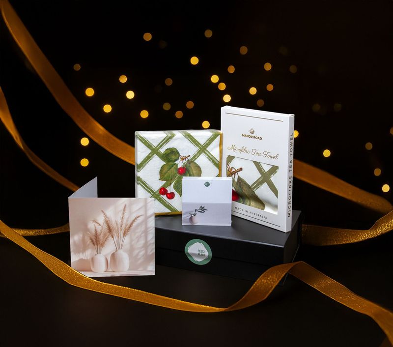 Plush Place Premium Gift Box c/w Manor Road Tea Towel - Cherry Canvas