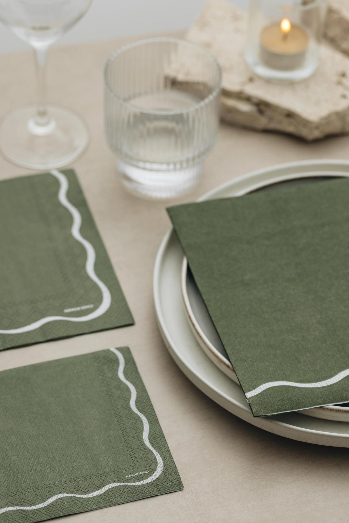 Linen (Olive & White Scallop) Napkins – Cocktail