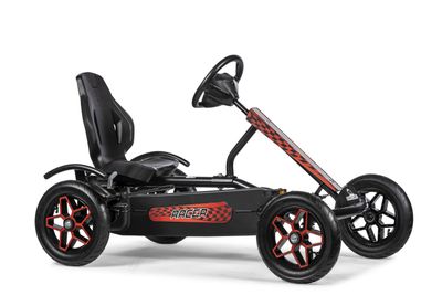 Dino-Cars GoKart Speedy 2.0 Racer BF1 (Schwarz/Rot) seitliche Ansicht eines Dino Cars Speedy Racer in schwarz mit roten Aufklebern und roten Felgen