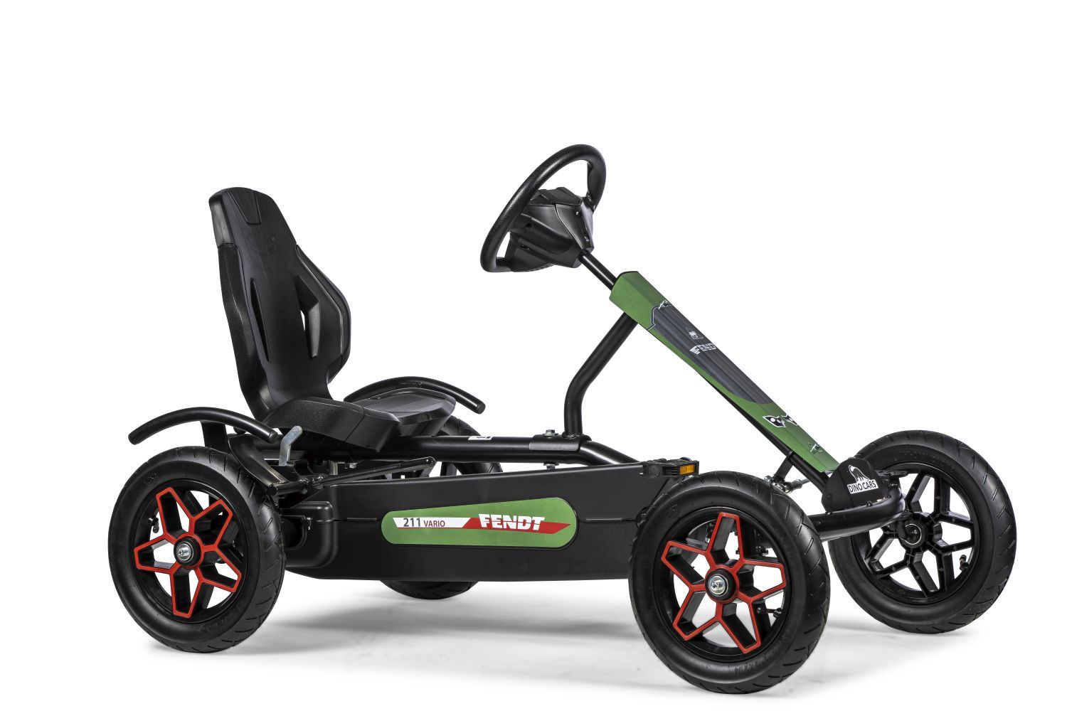 seitliche Ansicht eines Dino Cars Speedy 2.0 Fendt in schwarz mit grünen Aufklebern und roten Felgen