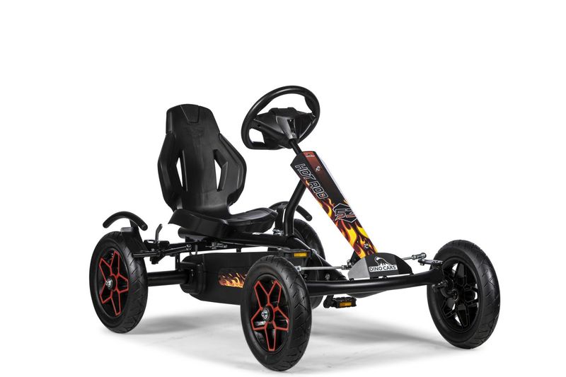 Dino-Cars GoKart Speedy 2.0 Hot Rod BF1 seitliche Ansicht eines Dino Cars Speedy 2.0 Hot Rod in schwraz mit roten Felgen und Flammenaufklebern