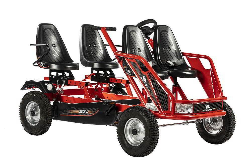 Dino-Cars GoKart Train F Dino Cars Train F, Tretfahrzeug mit vier schwarzen Sitzschalen, roter Rahmen, für Familien geeignet
