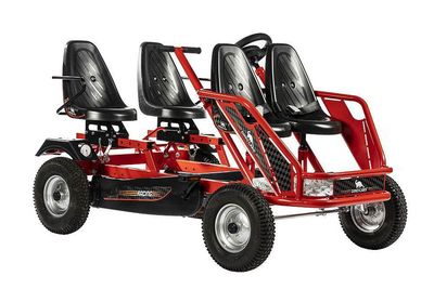 Dino Cars Train F, pedal vehicle with four black seats, red frame, suitable for families