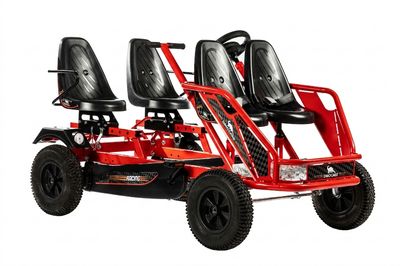 Dino Cars Train F, Tretfahrzeug mit vier schwarzen Sitzschalen, roter Rahmen, für Familien geeignet