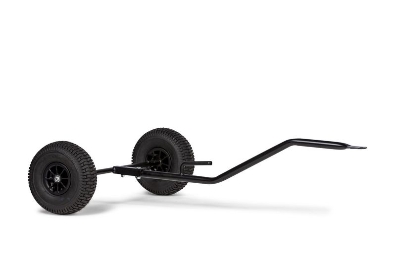 Black base cart with two black tires and curved metal frame