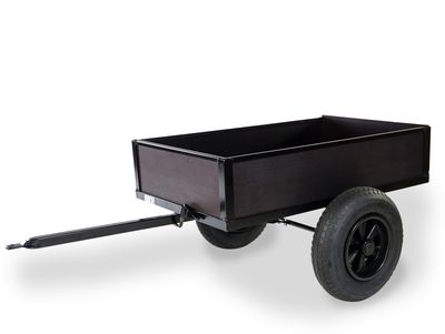 black tipping trailer with rectangular loading area and two large tires