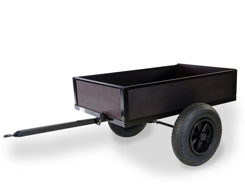 black tipping trailer with rectangular loading area and two large tires