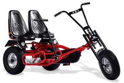 DINOCARS 2Rider go-kart with three wheels, two inline seats, black frame and treaded tires, shown from the right side.
