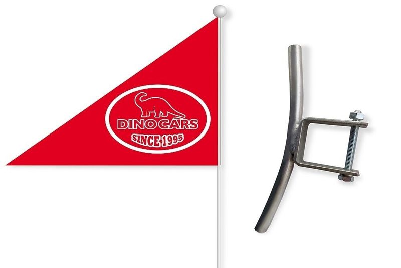 Red safety flag with white Dinocars logo and metal bracket for attachment