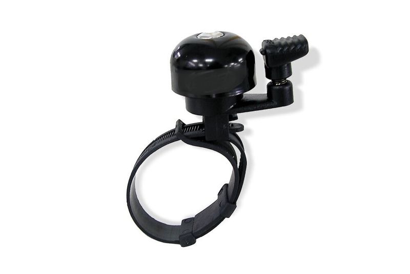 Black bell with a fastening strap and small lever for ringing