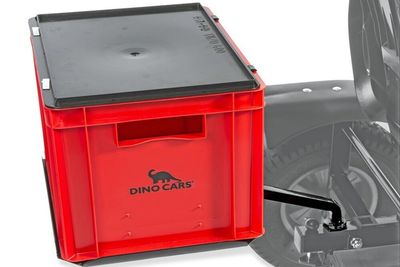 Rote Dino Cars Transportbox mit schwarzem Logo, passend als Zubehör für Dino Cars