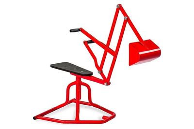red mini excavator with seat and movable grab arm
