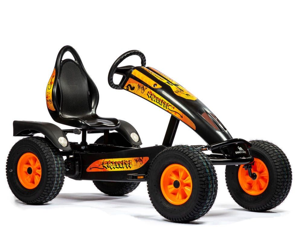 DINO-CARS BF1 Kinder-Gokart mit schwarzem Sitz, orangefarbenen Reifen und gelb-schwarzem Graffiti-Design