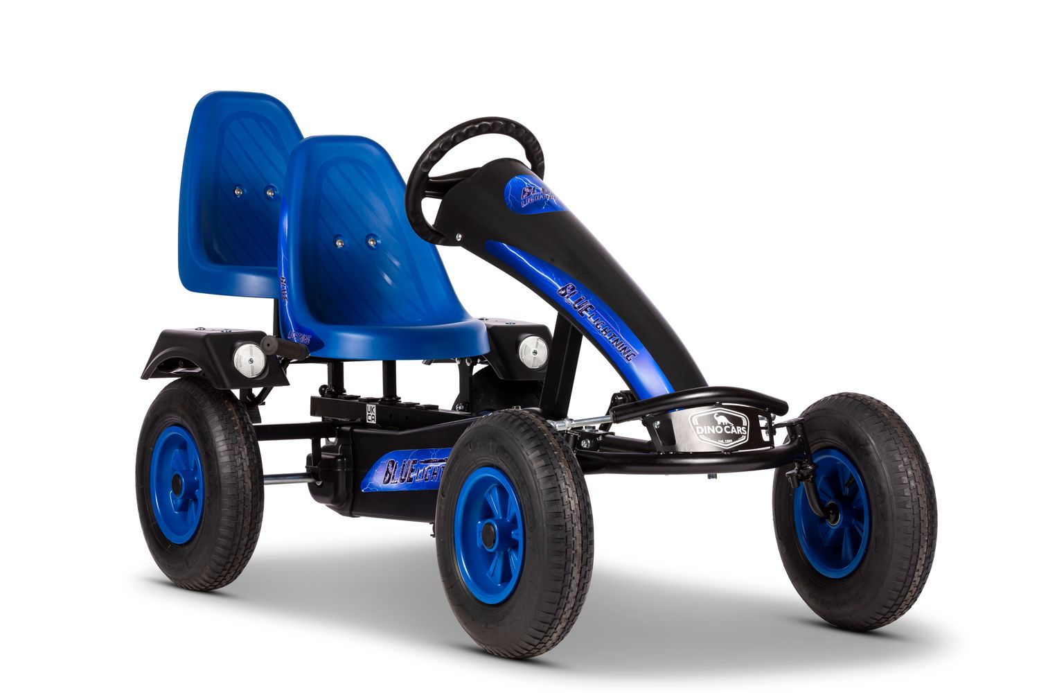 Dino-Cars GoKart Blue Lightning in schwarz mit blauer Sitzschale und blauen Aufklebern. Das Gokart einen blauen Zusatzsitz