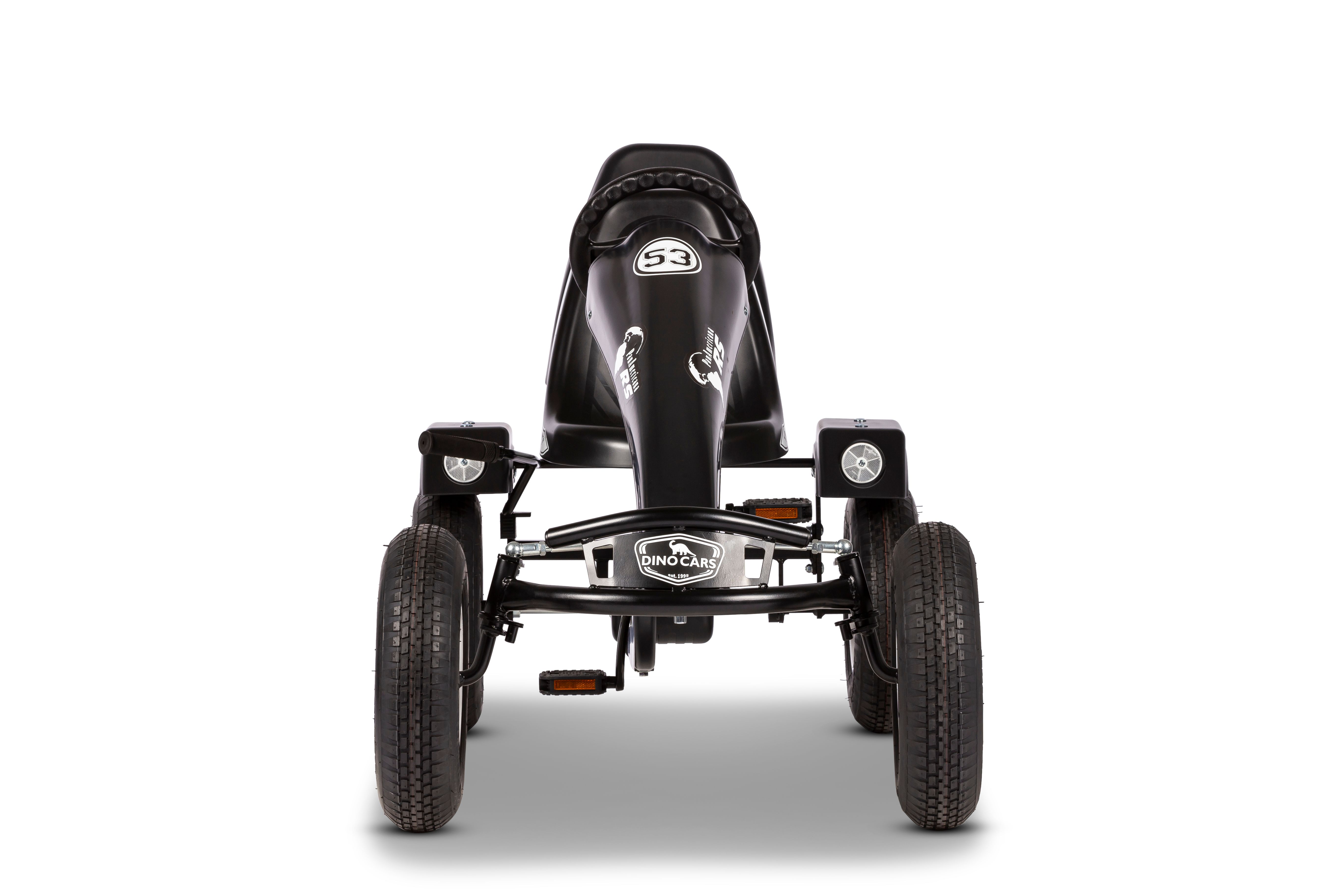 Dino-Cars GoKart Pan Americana in schwarz mit weißen Aufklebern und Felgen. Das GoKart hat einen Zusatzsitz