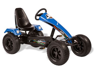 Dino-Cars GoKart Stylez (blue) with wide tires - ages 5 and up Dino Cars Stylez BF1 blue pedal vehicle with black seat and four wheels