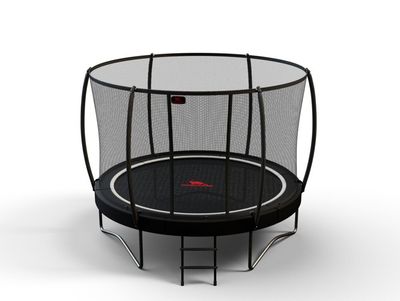 Dino-Cars Ø 430 cm Pro Line Trampoline (black) incl. safety net (grey) + ladder Round black trampoline with grey safety net, black jumping mat, and metal frame, with ladder